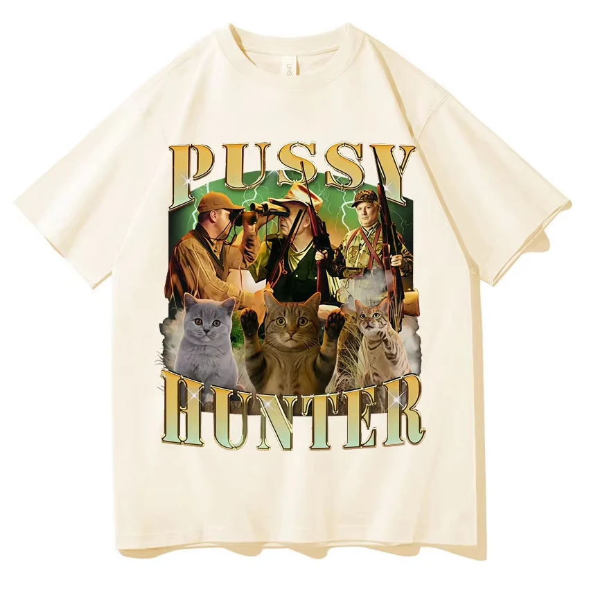 Pussy Hunter Lustige Meme-Katzen-T-Shirts für Männer und Frauen, Lässiges Baumwoll-T-Shirt, Modisches Vintage-Kurzarm-Oversize-T-Shirt, Streetwear – Detail 5