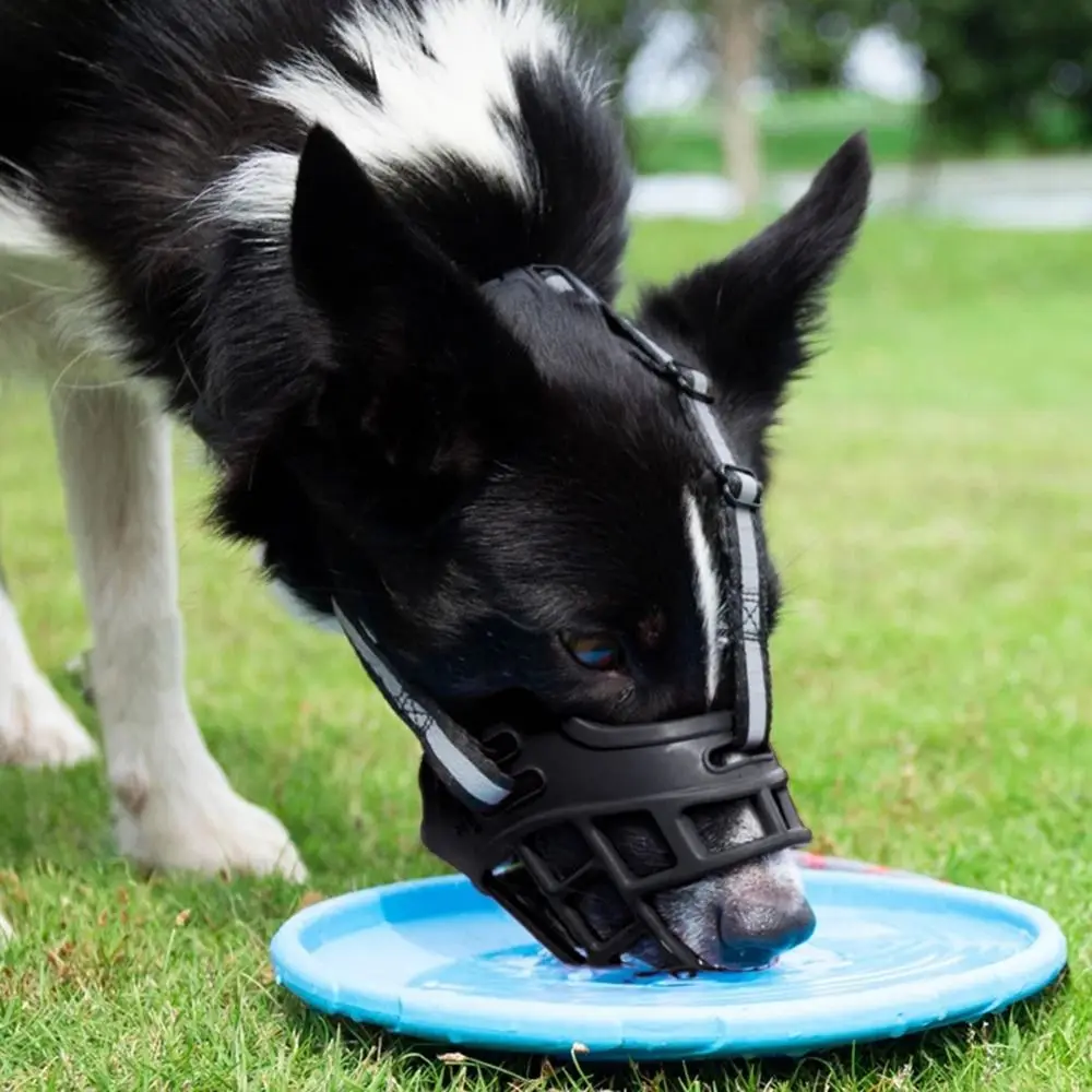 Langlebiger, bisschender, verstellbarer Hundemaulkorb mit reflektierendem Streifen, atmungsaktive Hundemundabdeckung aus Kunststoff, kann Wasser trinken