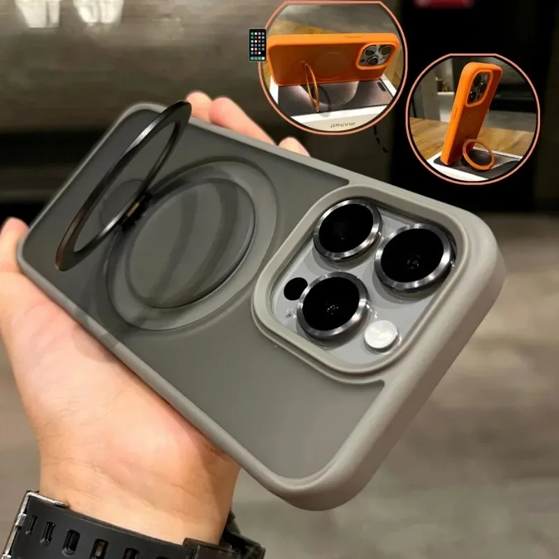 Matte Ring Holder Glass Lens Phone Case For iPhone 16 17 15 14 13 12 11 Pro Max For Magsafe Wireless Magnetic Hard Bumper Cover - náhled 3