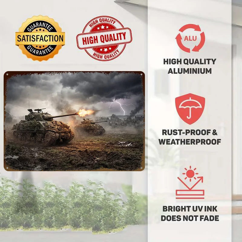 Tanks Firing in Stormy Battlefield Tinplate Poster Customized Wall Art Retro Vintage Metal Signs for Fans Home Decor Living Room