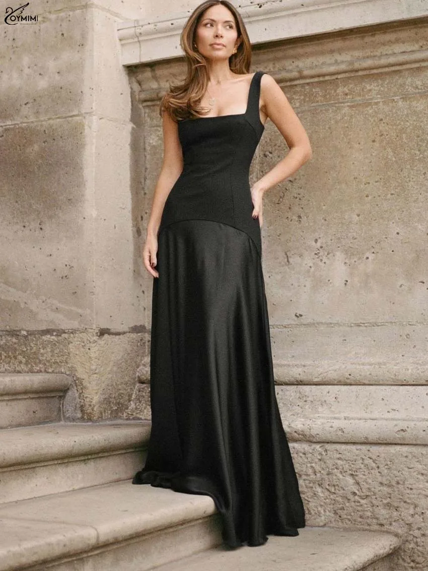 

Oymimi Summer Black Patchwork Dresses 2025 Woman Fashion Square Neck Sleeveless Slip Dresses Elegant Loose Floor-Length Dress