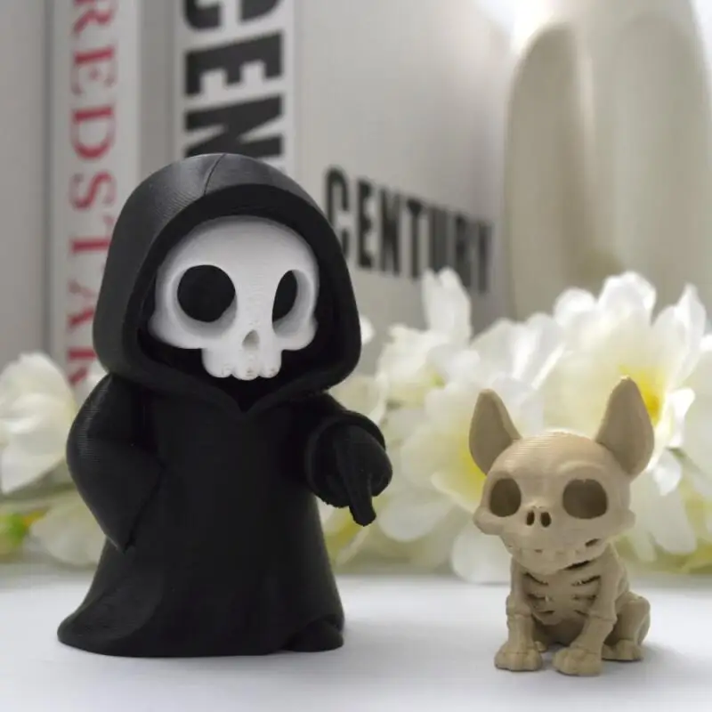 2PCS Grim Reaper & Skeleton Dog Figurine Set, Dark Fantasy Desktop Decor, Gothic Display Gift for Skull Lovers