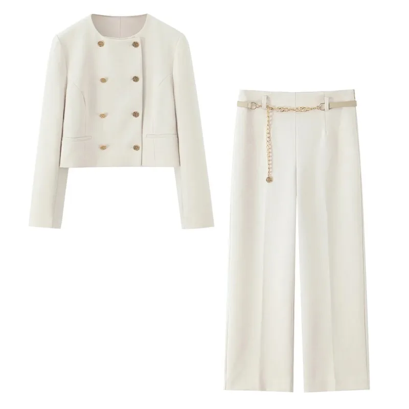 

Elegant Short Blazer Coat For Women Fashion O-Neck Double-Breasted Long Sleeve Suit Jacket 2025 Autumn Office Wear Solid Coats