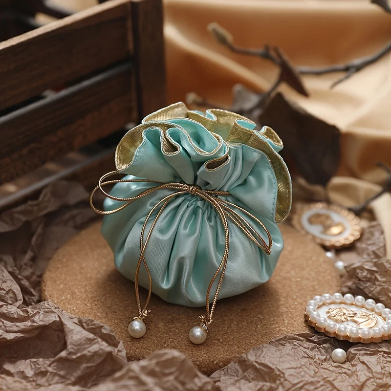 Mint Green Silk Wedding Favor Bags with Golden Drawstring, Elegant Gift Packaging for Candy Small Gifts