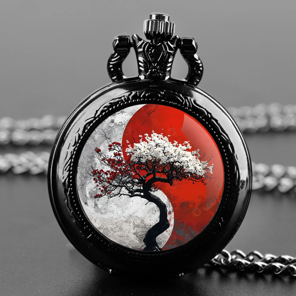 Yin-Yang Tree Design orologio da tasca al quarzo nero Set regalo con catena durevole e quadrante con numeri arabi regalo senza tempo per ragazzo