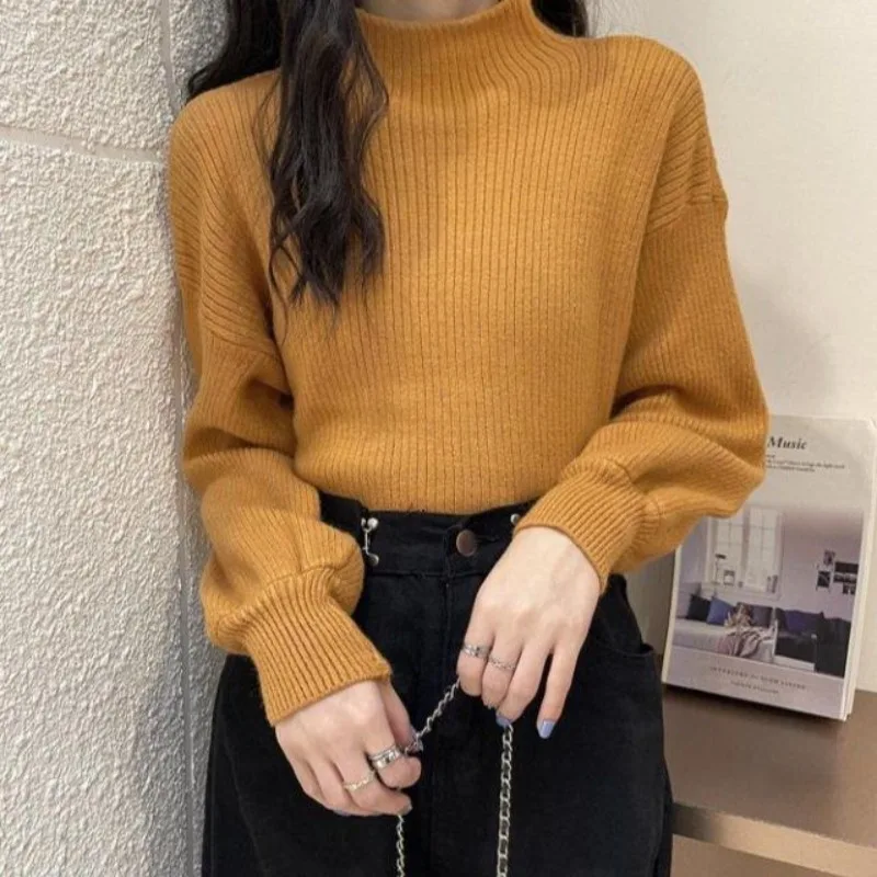 Women\'s Autumn Winter New Fashion Elegant High Neck Pullover Solid Color Knitwear Casual Versatile Western Commuter Youth Top