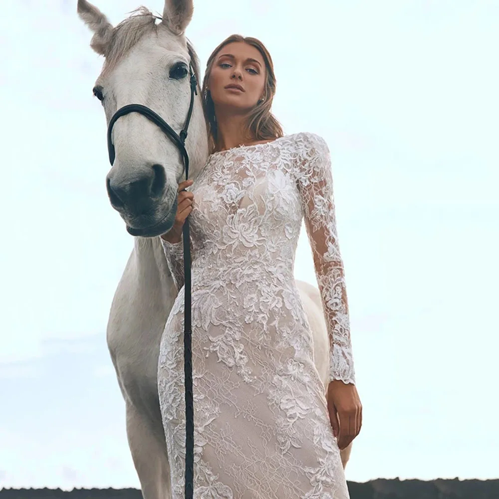 Robe De Mariée sirène en dentelle ivoire, Vintage, manches longues, Sexy, dos nu, grande taille, 2022