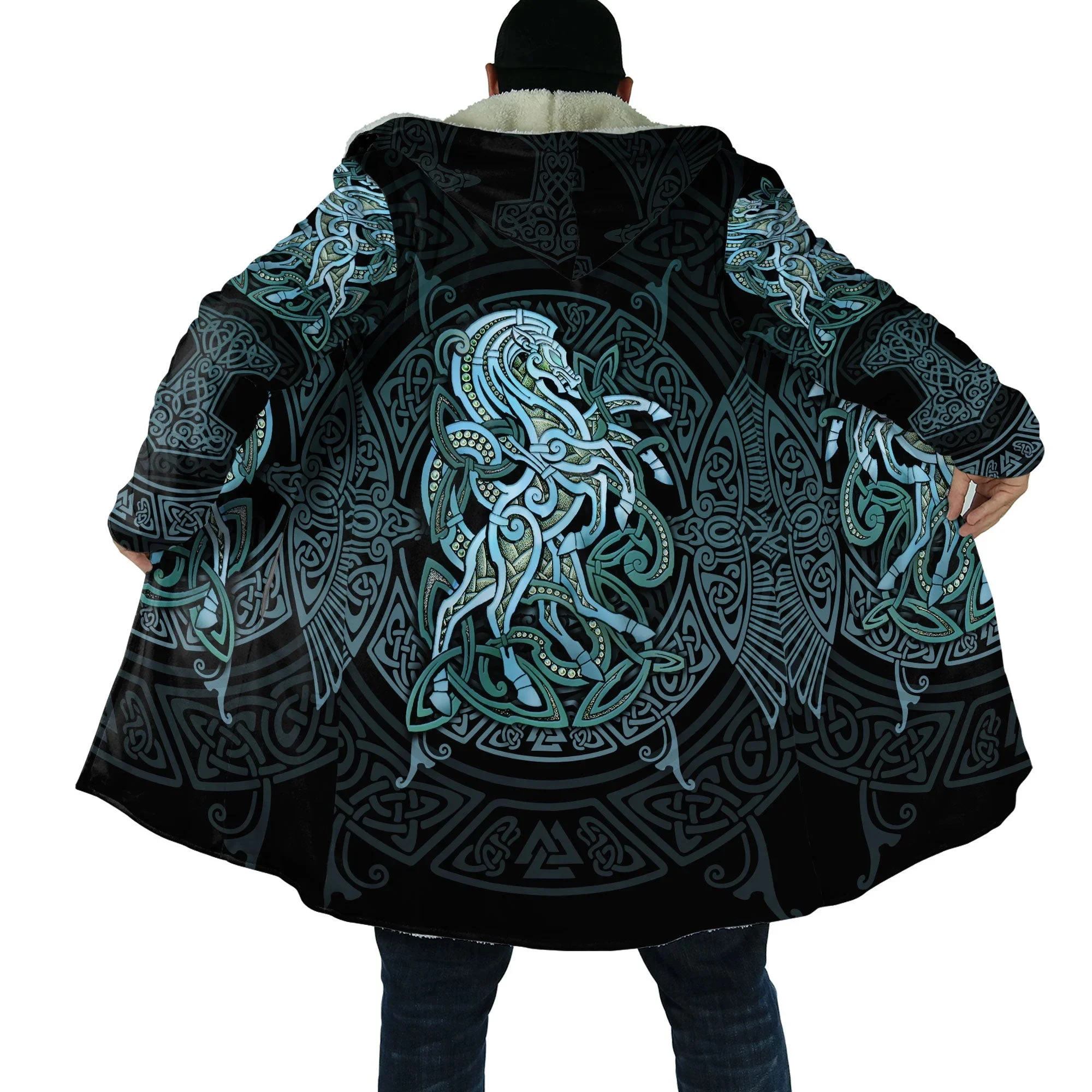 

PLstar Cosmos Fenrir Wolf Odin Raven Tattoo 3D Printed Men's Fleece Hooded Cloak Unisex Casual Thick Warm Cape coat PF87