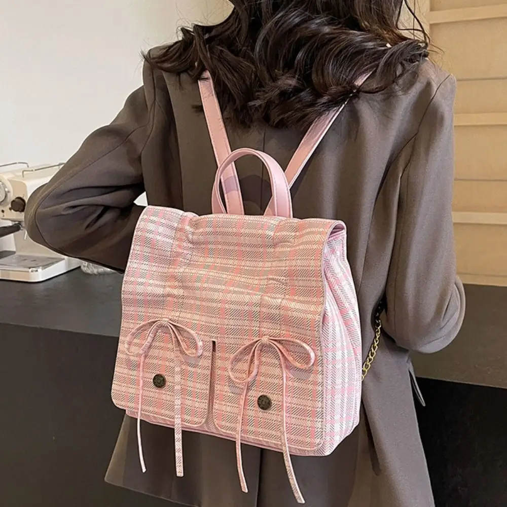 Mochilas multifuncionales con lazo para mujer, bolso de mano de cuero a cuadros, bolso de hombro de PU rosa, bolso escolar Vintage