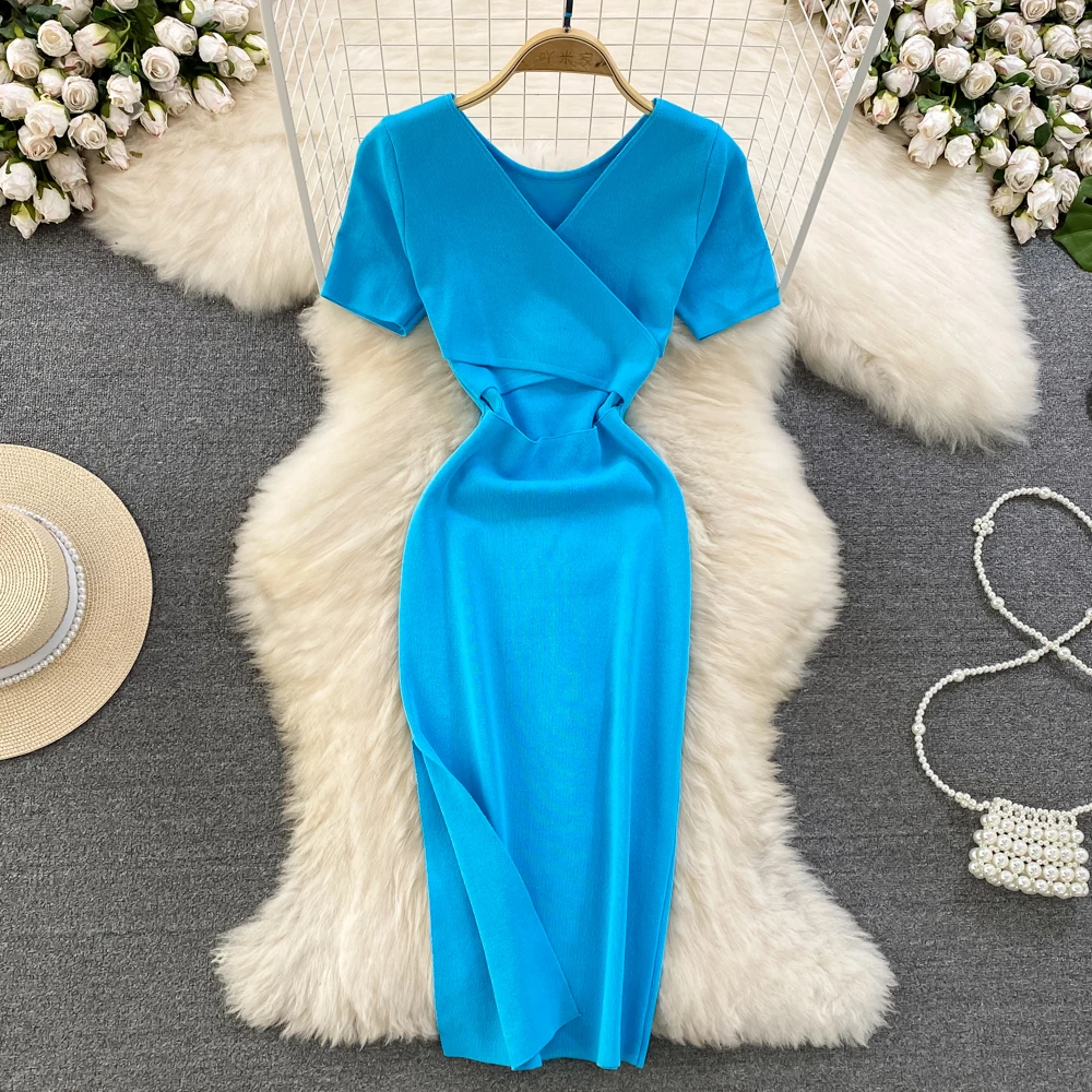 

2023 Summer Korean Hollow Out Sexy Dress Women's Short Sleeve Cross V-Neck Waist Slim Mid Length Knitted Wrap Hip Dress Women