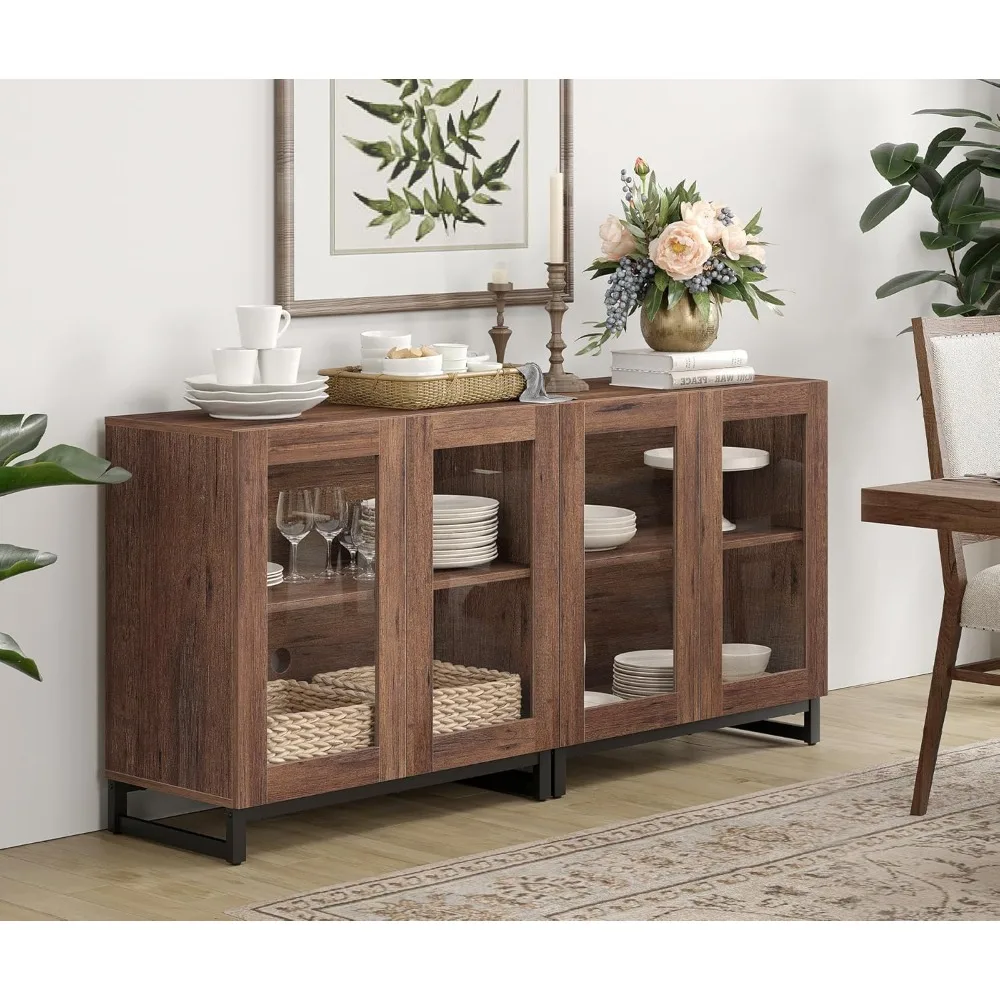 خزائن بوفيه جانبية متعددة الوظائف 2 في 1 مع 4 أبواب زجاجية، وخزانة جانبية حديثة مع رف قابل للتعديل، وبار القهوة S #1