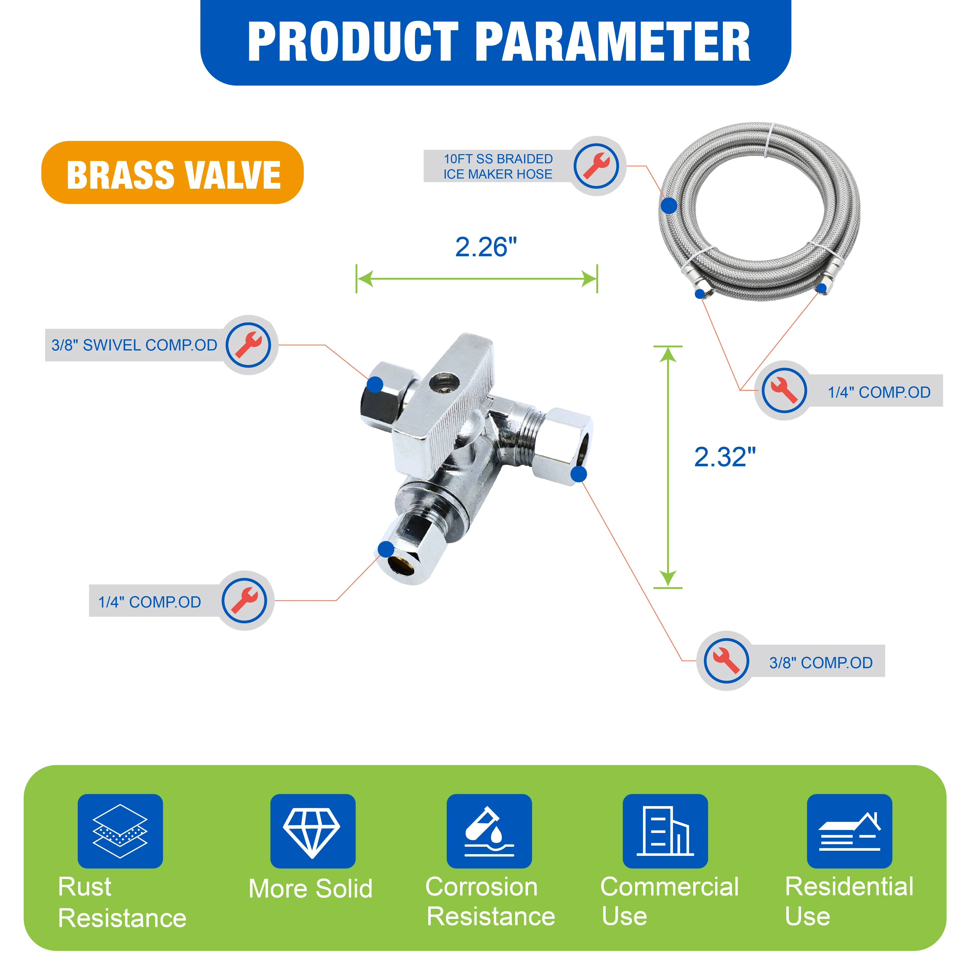 KING SMART Ice Maker Water Line Kit with Brass Angle Stop Add-A-Tee Valve, 3/8