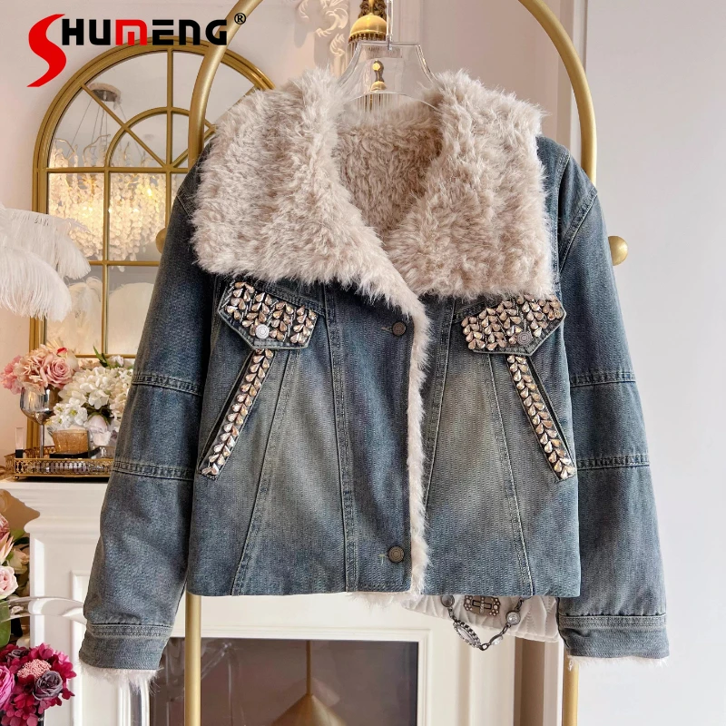 المرأة 2025 شتاء جديد كبير التلبيب الربط موضة الرجعية الدنيم الستر المرأة صوف مبطن سميكة حجر الراين معاطف السترة