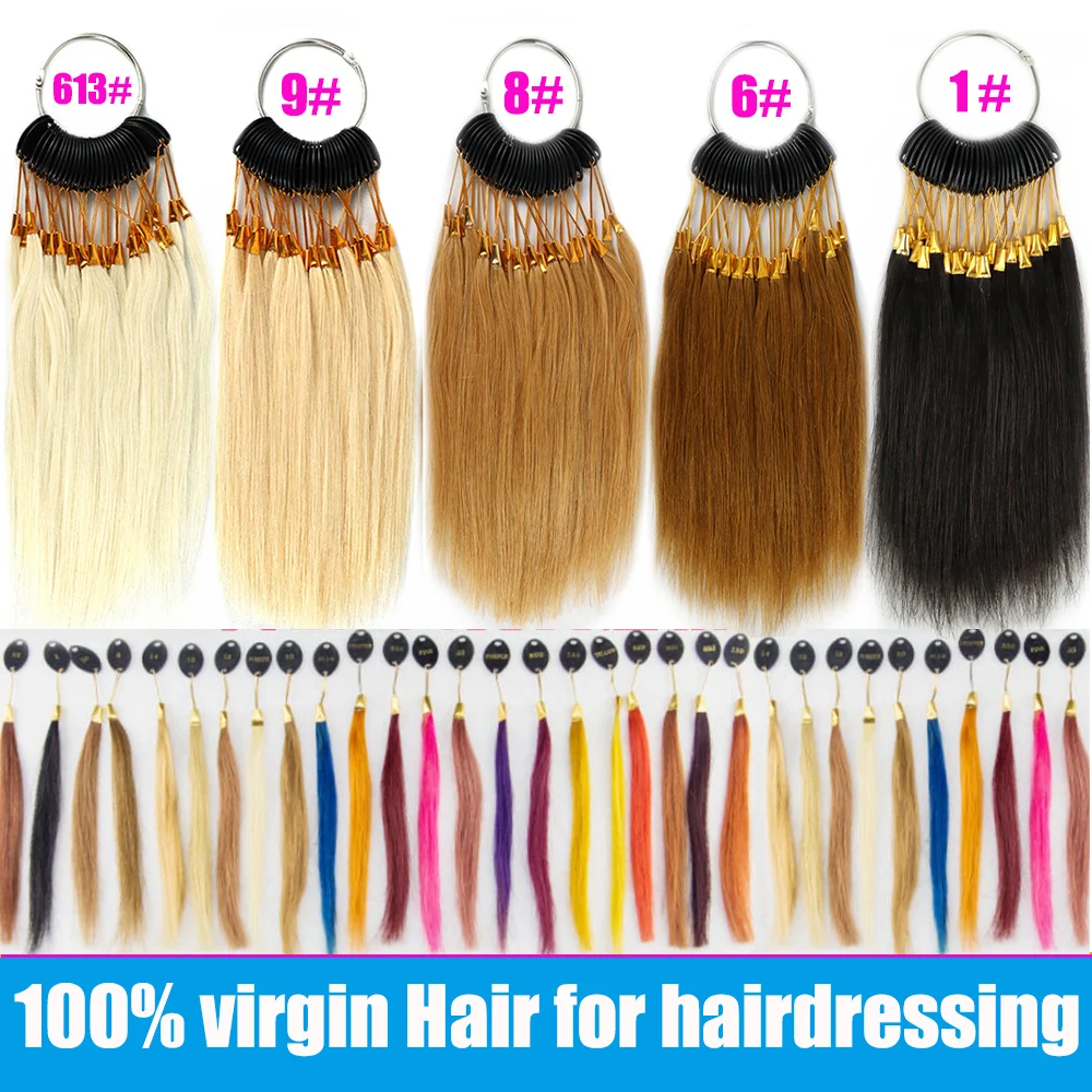 Amostras retas Cor do cabelo Anéis, 100% cabelo humano Swatches, salão de cabeleireiro, fivelas de ouro, 30 fios por conjunto