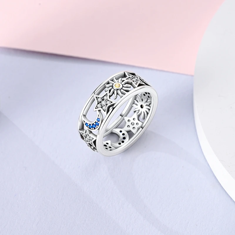Women's 925 Silver Sun Moon Stars Ring, Sparkling Design