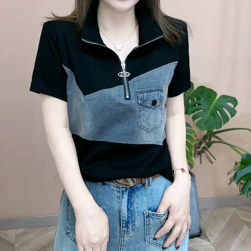 Korean Fashion Sping summer  Women's POLO collar Half zipper Cowboy splicing casual short Sleeve slim Pullovers T-Shirts Tops