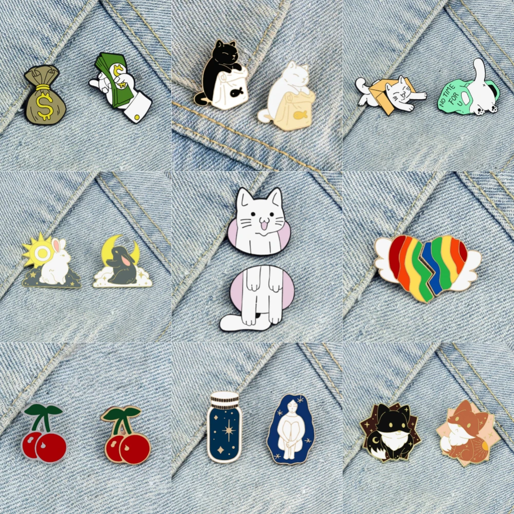 2pcs/set Cartoon Funny Cats Brooch Cute Animal Fox Kitten Enamel Pins Money Cherry LGBT Gay Heart Badges Bag Cloth Jewelry Gifts