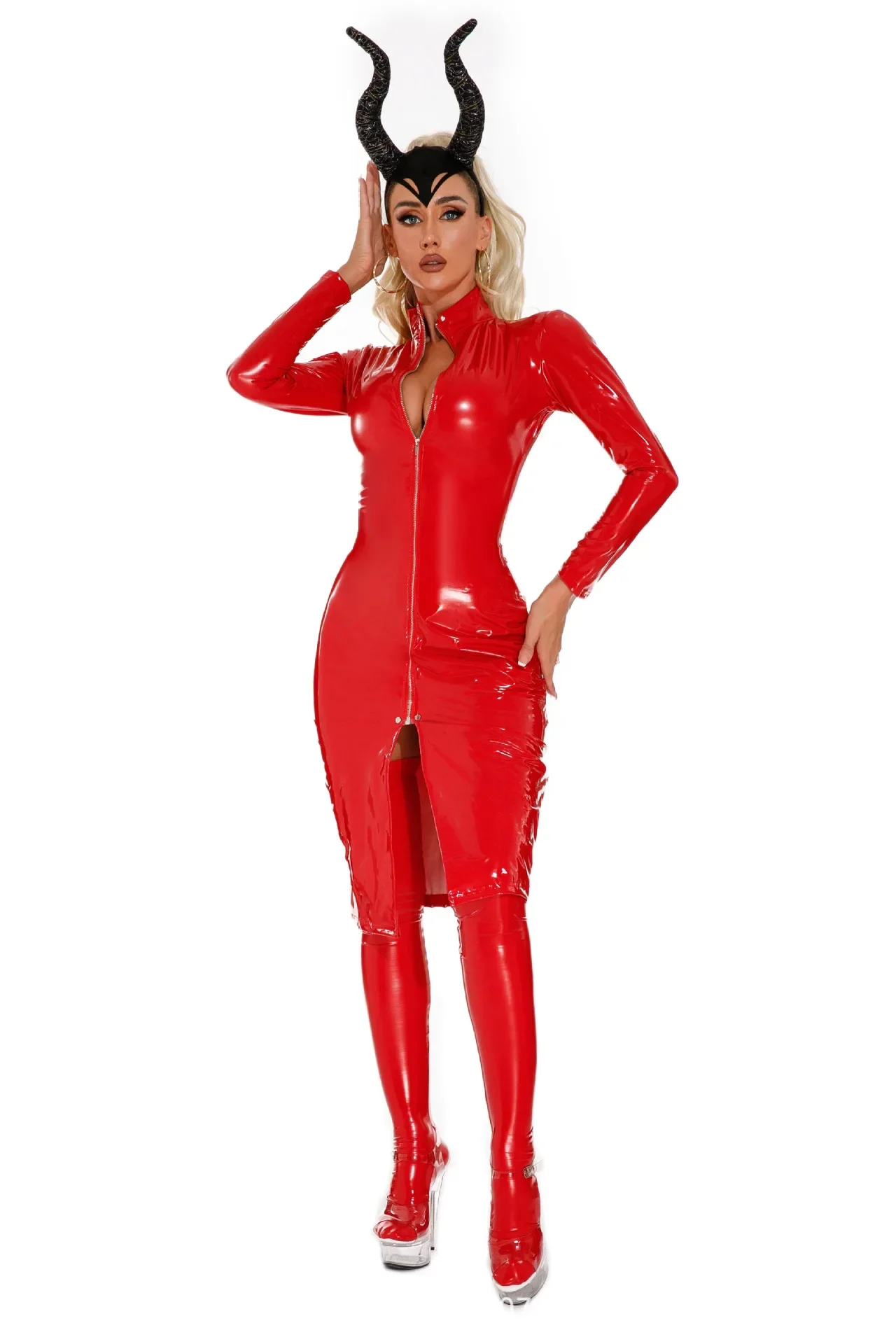 Sexy Nightclub DS Party PVC Leather Wet Look Zipper Hollow Out Demon Catsuit Carnival Vinyl Latex Teddy Lingerie Fetish Costume