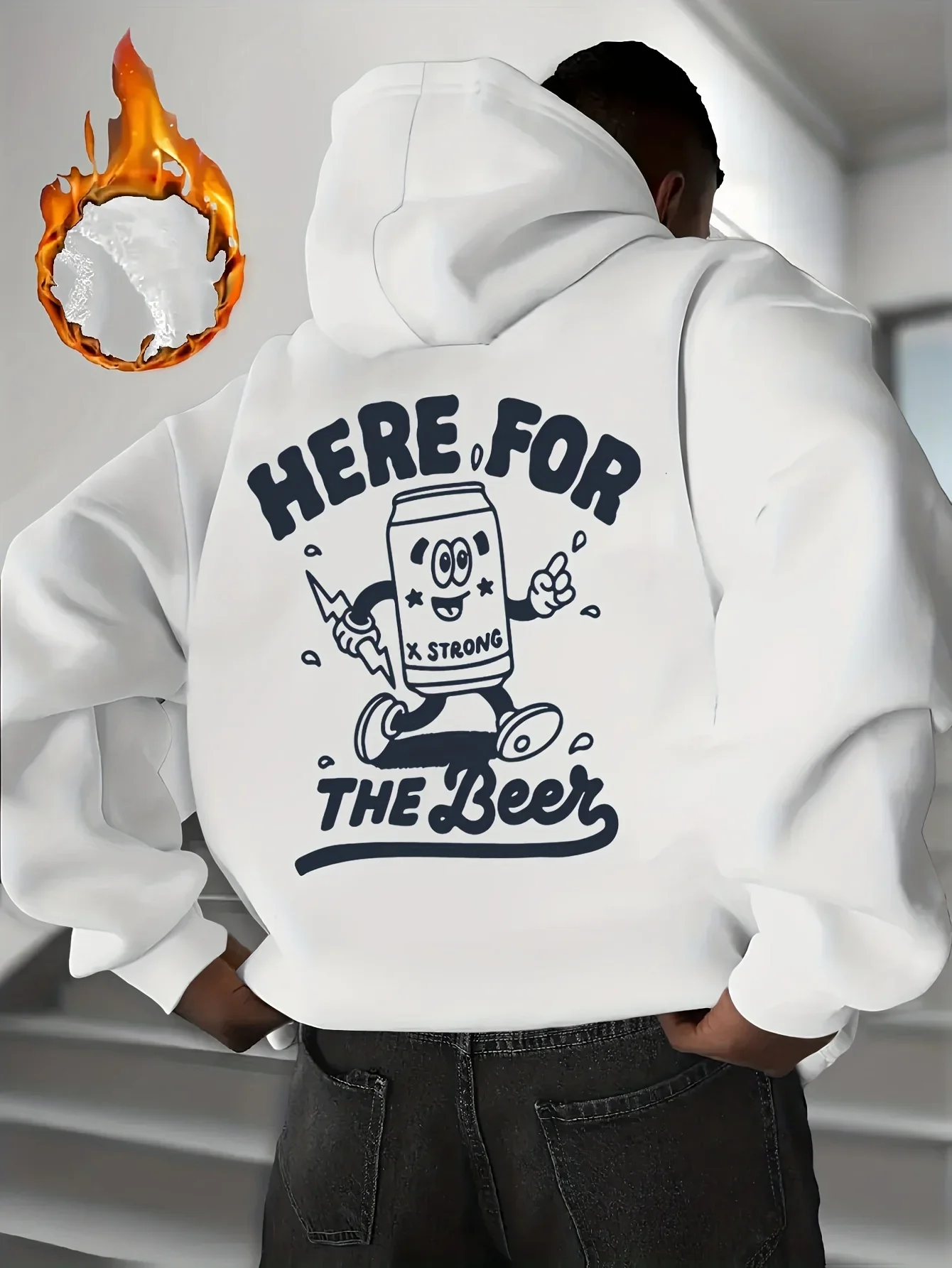 Cartoon Beer Can Character Graphic Hoodie Here For The Beer Text Double Side Print Loose Men Hoodie