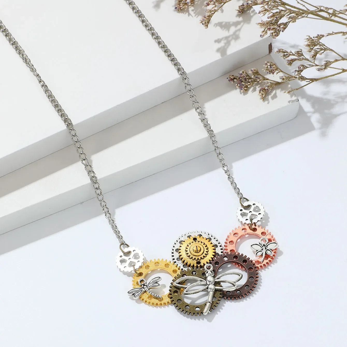 New Hip Hop Casual Individuality Female European and American Steampunk Gear Dragonfly Necklace Woolen Chain Female