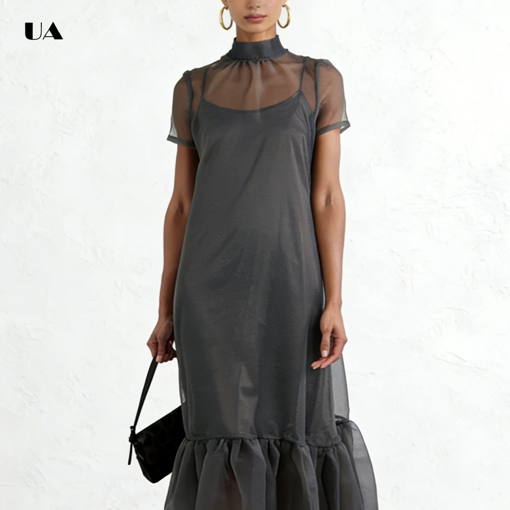 ULBYANRY Robe de bal en organza transparent à volants avec col mi-haut, robe de soirée unie à manches courtes pour femme, robe de soirée personnalisée