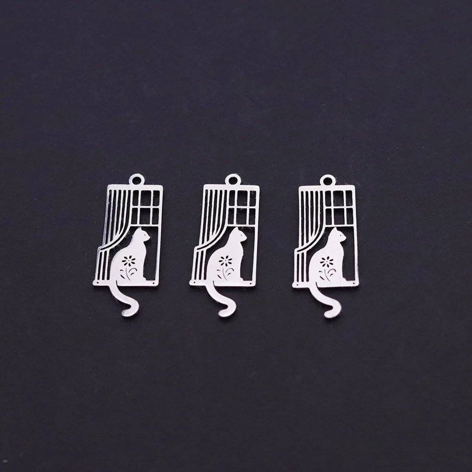 3Pcs Stainless Steel Hollow Curtain Window Sitting Cat Pendant Charms for Jewelry Making Trendy Necklace Keychain Accessories