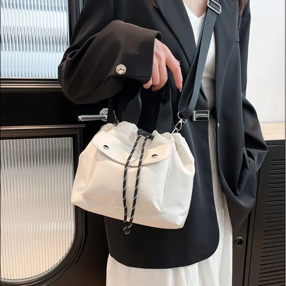 

Korean Style Drawstring Bucket Bag Handbag Solid Color Nylon Shoulder Bag Purse Mobile Phone Bag Small Crossbody Bag