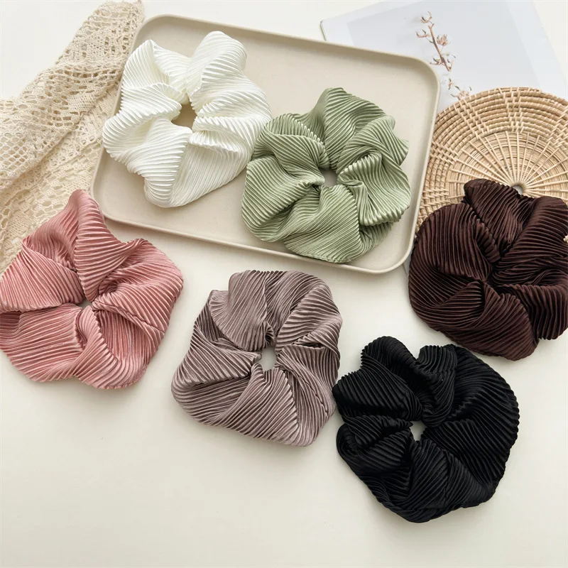 Women Pleated Large Intestine Headband Silky Headband Solid Color Retro Gentle Hair Accessory Smooth Cream Gloss Large Intestine