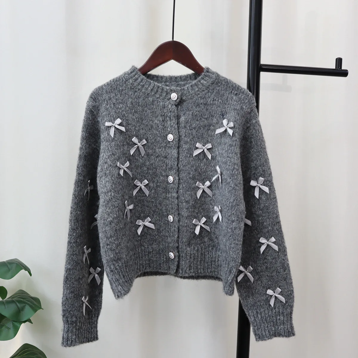 Kawaii Bow Knitted Cardigan Women Long Sleeve Grey Sweater Korean Casual Cardigan For Women Harajuku Loose Coat