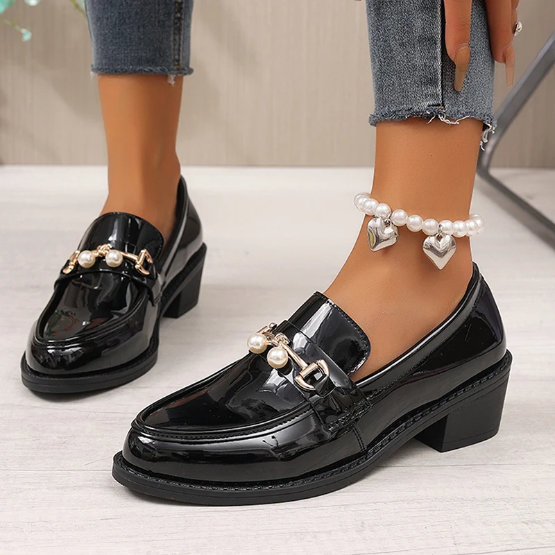 Office Ladies Patent Leather Oxford Shoes Plus Size 43 Pointed Toe Thick Heel Pumps Women British Style Slip On Student Shoes