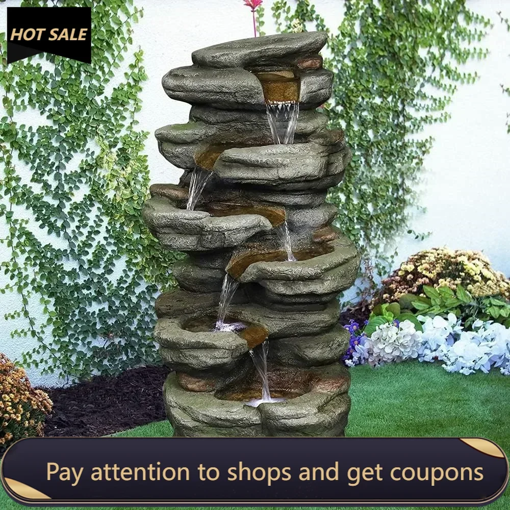 

30.7inches Outdoor Water Fountain - 6-Tiers Rock Waterfall Fountain with Led Lights for Home Garden Decor