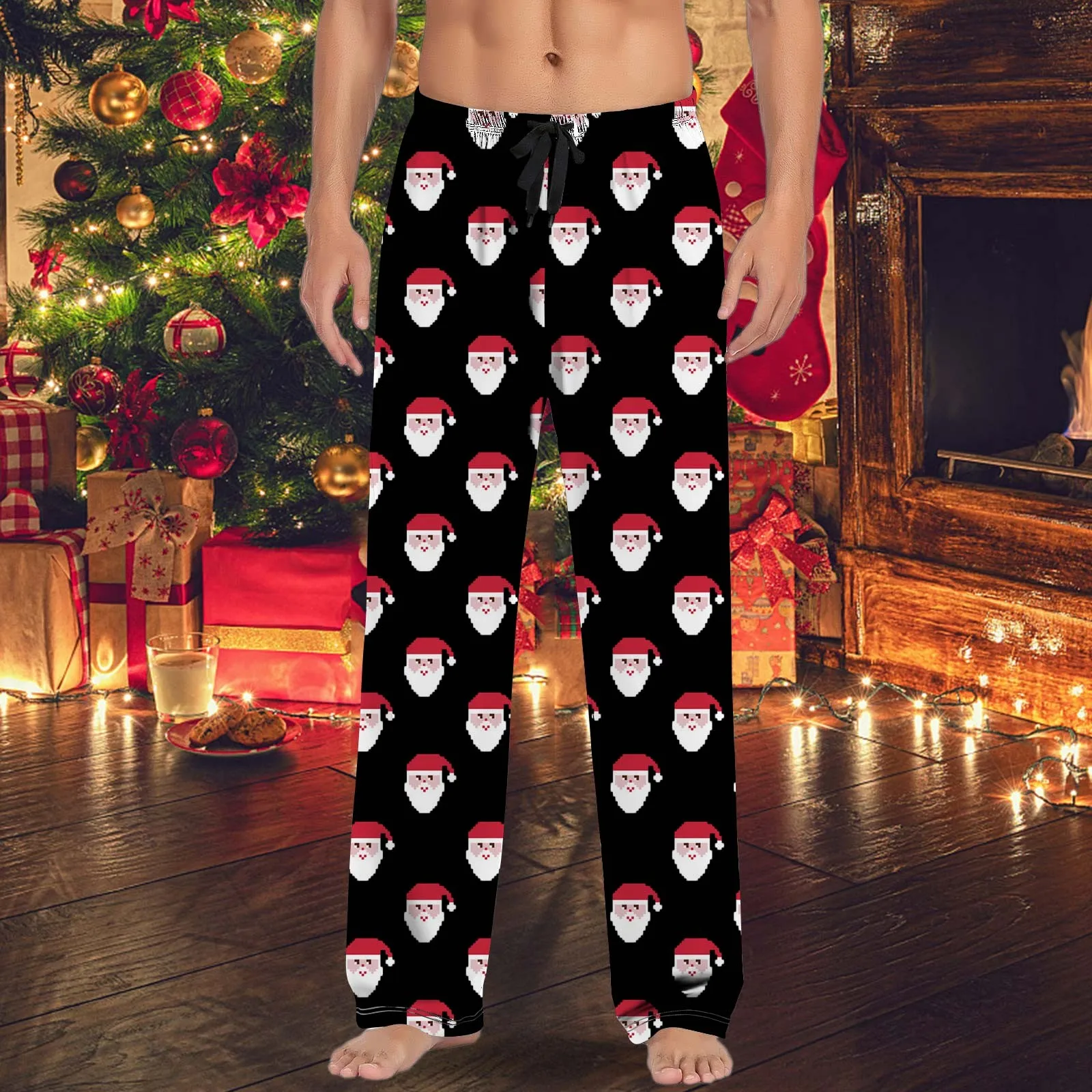 Mens Christmas Pants Snowflake Print Xmas Pajama Pants Holiday Pajamas For Lounging Sleeping Party Drawstring Loose Trousers