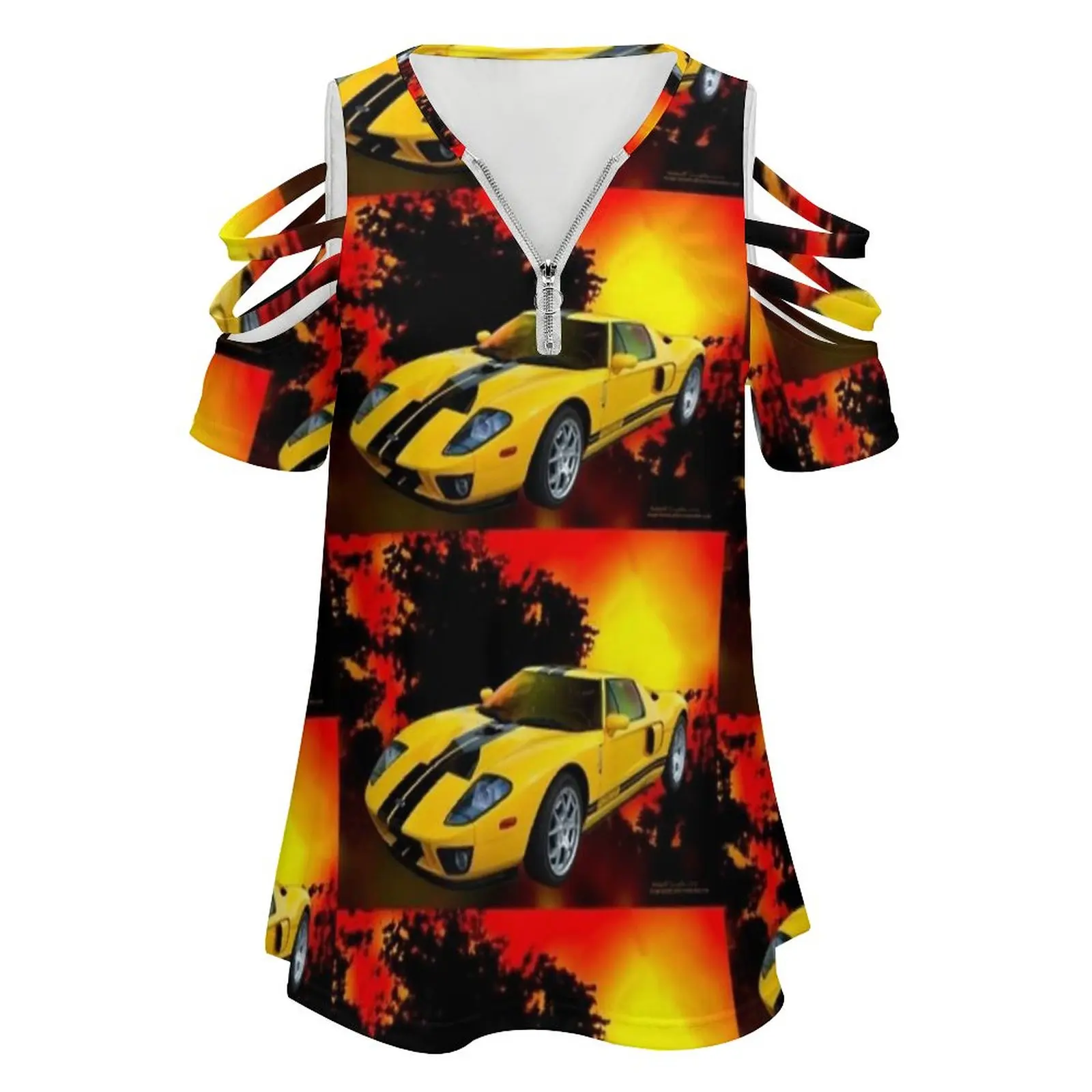 Yellow Gt New Fashion Zip Off Shoulder Top Short-Sleeve Women Shirt Cars Gt Racing Cars Muscle Cars Show Cars Transportation