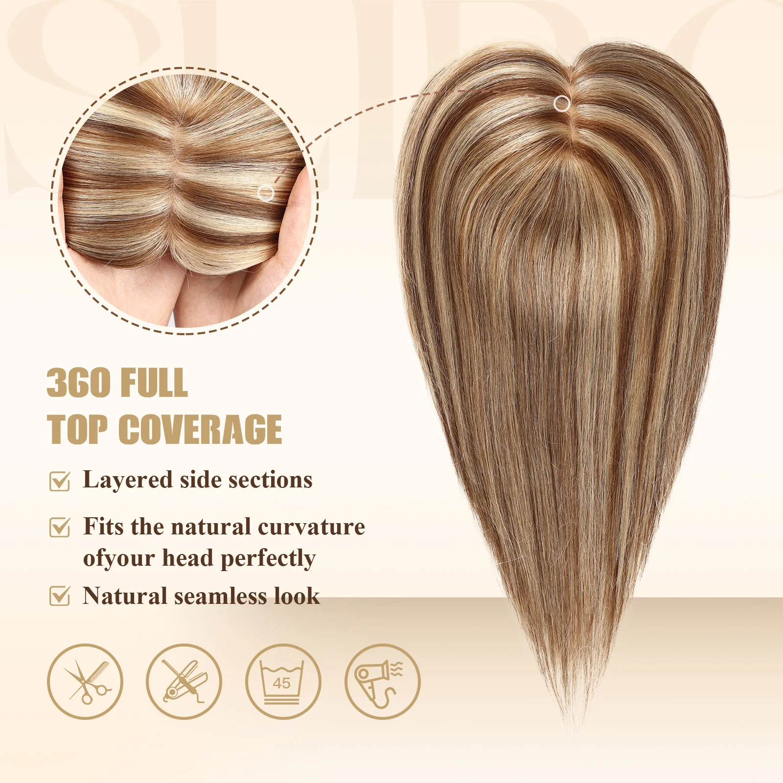 Real Human Hair Toppers Brown Highlight Silk Base 4 Clips in Hair Pieces Straight Human Hair Topper for Women with Thinning Hair