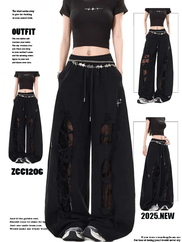 

Retro American Lace Splicing Hollow out Casual Pants Women Summer Design Loose Street Dance Straight Leg Wide Leg Pants