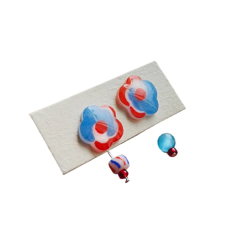 

Pure hand-painted color summer color block flower niche gift cute earclip stud earrings