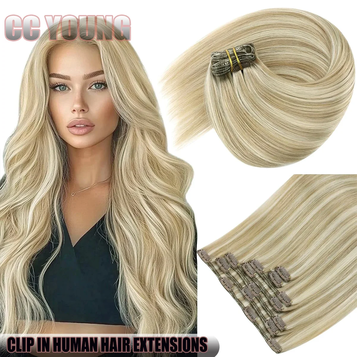 Clips in Hair Extensions 100% Real Human Hair Piano Color Ash & Blonde Straight Hair Extensions Adding Hair Length & Volume