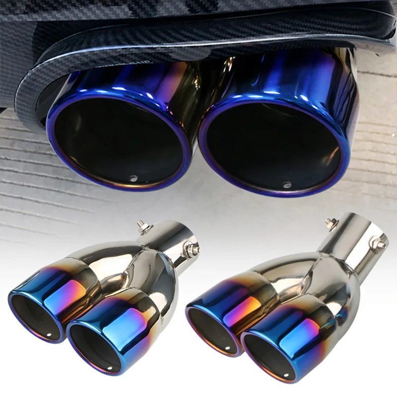 Universal Auto Muffler Silencer Dual Outlet Car Exhaust Tip Stainless Steel Exhaust Tail Muffler Tip Pipe Burnt Blue 