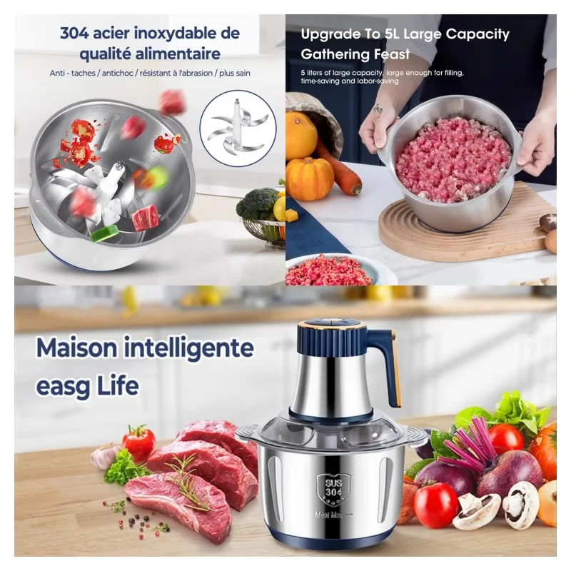 Picadora de carne eléctrica de acero inoxidable 304, picadora multifunción de verduras, frutas, pimienta, ajo, picadora, licuadora de alimentos para bebés