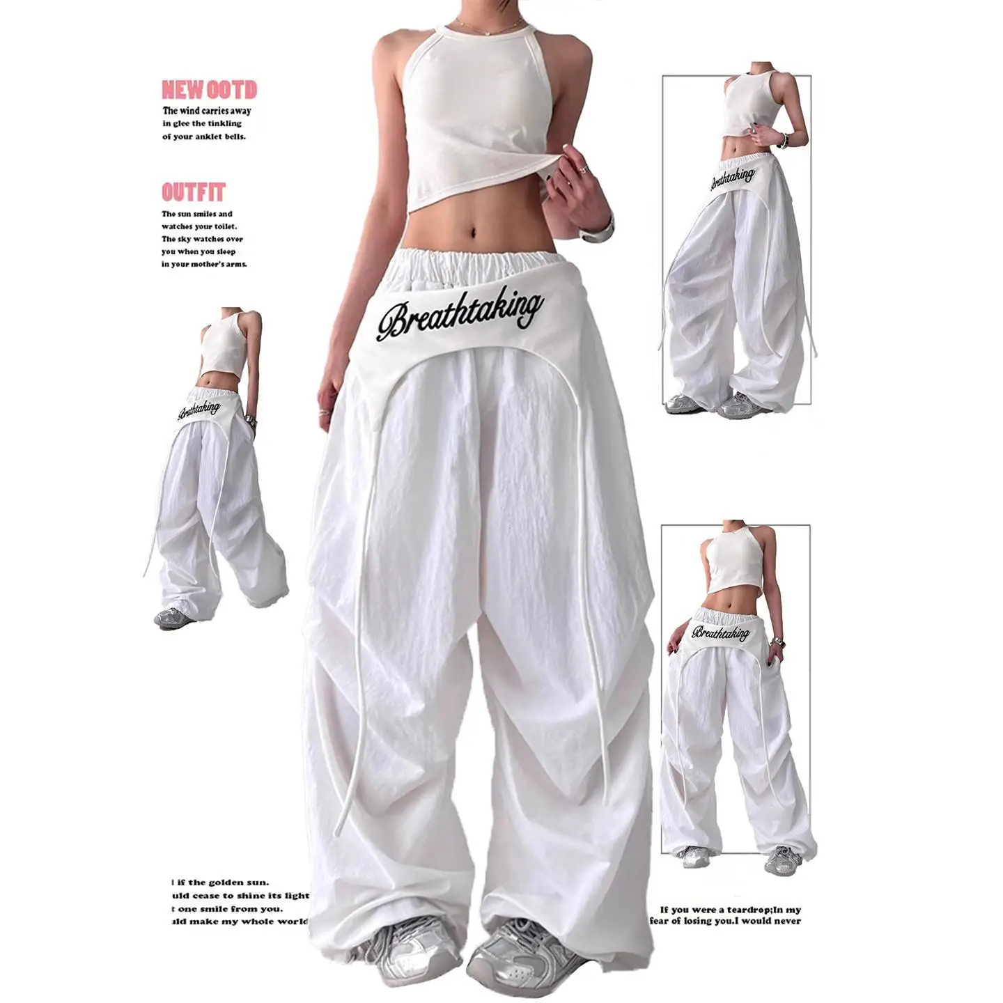 Pantaloni bootcut da donna - Pantaloni larghi streetwear con drappeggio sui fianchi e lacci in vita, pantaloni casual con orlo curvo hip-hop americano bianchi