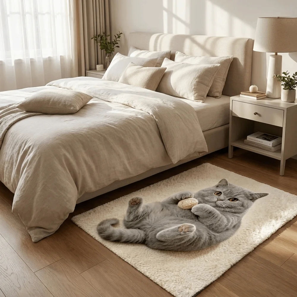 Cute 2D Cat Area Rug Non-Slip Pashmina Home Decor Carpet Easy to Clean Anti-fouling Cartoon Carpet Living Rooms