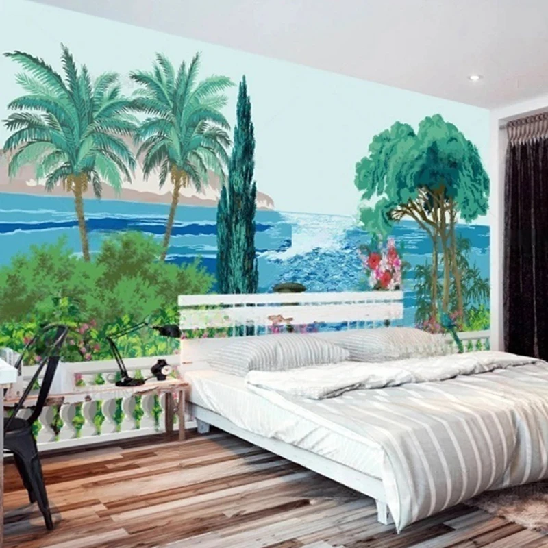 Customized Vintage European Style Hand-Painted Coconut Tree Seascape Wall Mural for Living Room Bedroom Wallpaper Background