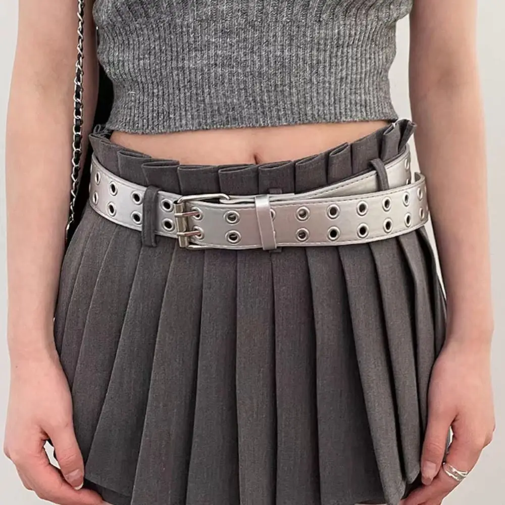 

Punk Double Row Hole Belt Metal Buckle Y2k Style PU Leather Star Waistbands All-match Wide Side Hip-hop Waist Belt Female/Girls