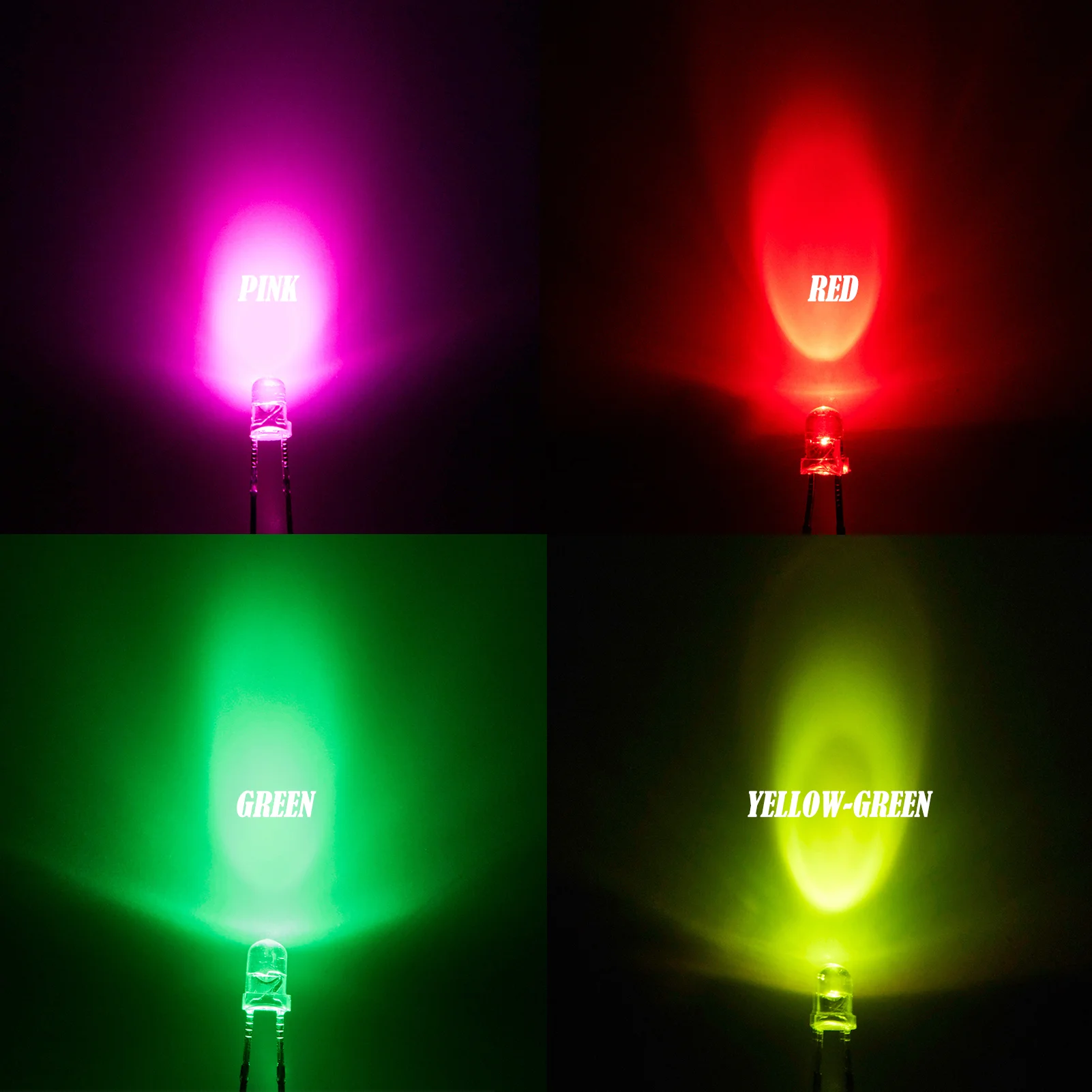 100 Stück 3mm LED-Dioden-Set Ultrahell Warmweiß Rot Grün Blau UV Lila Gelb Orange Rosa 2V 3V F3 3 mm Emissions-Sortiment – Detail 4