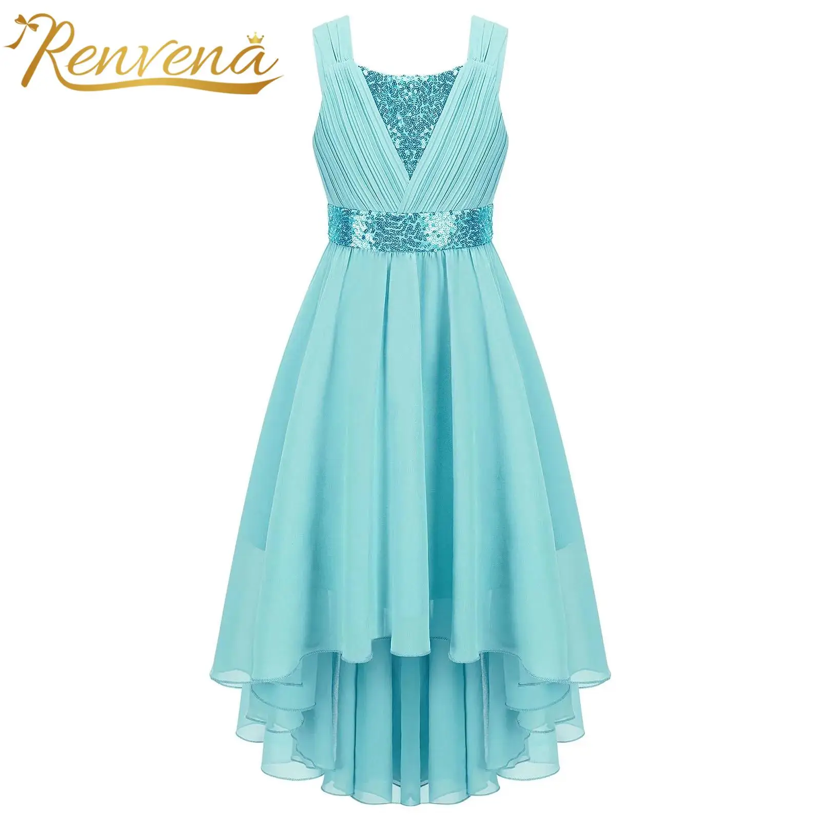 Children Flower Girls Dress Sleeveless Sequin Hi-low Hem Prom Gown Elegant Chiffon Princess Birthday Formal Wedding Party Dress