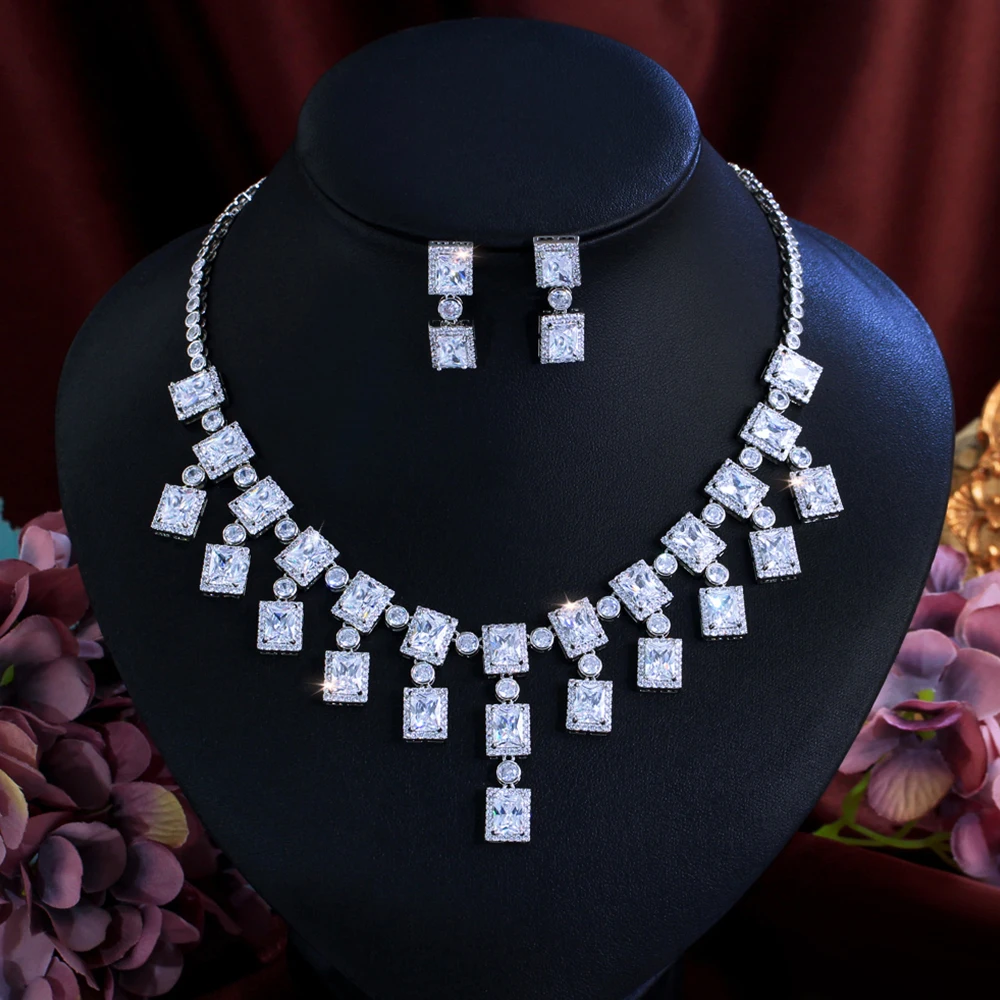 

CWWZircons Luxurious Shiny White Cubic Zirconia Square Tassel Necklace Earrings for Women Wedding Engagement Jewelry Sets T0975