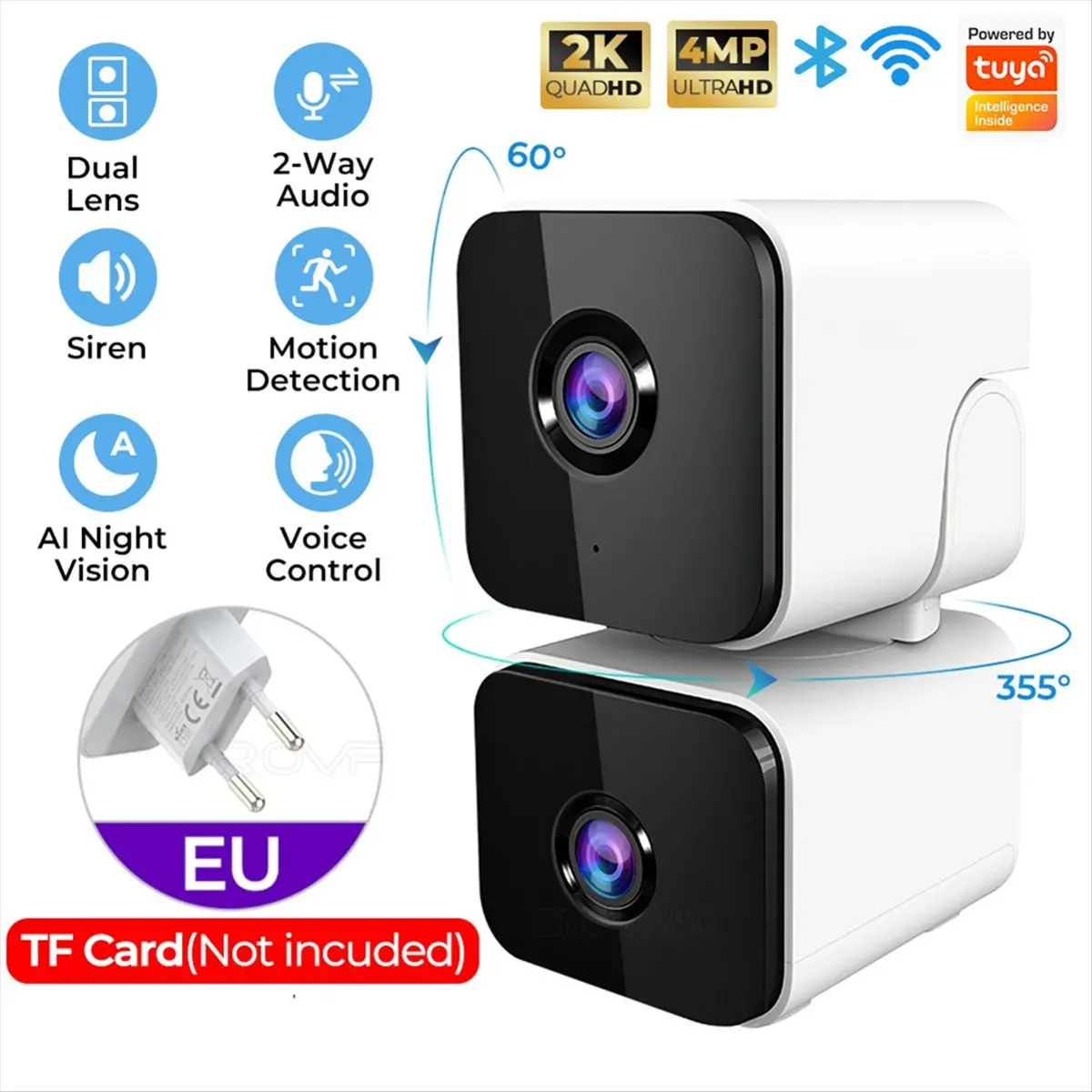 

4MP Tuya WiFi Camera Dual Lens Dual Screen Human Tracking Ai Human Detection Video Surveillance SmartLife Camera EU PLUG
