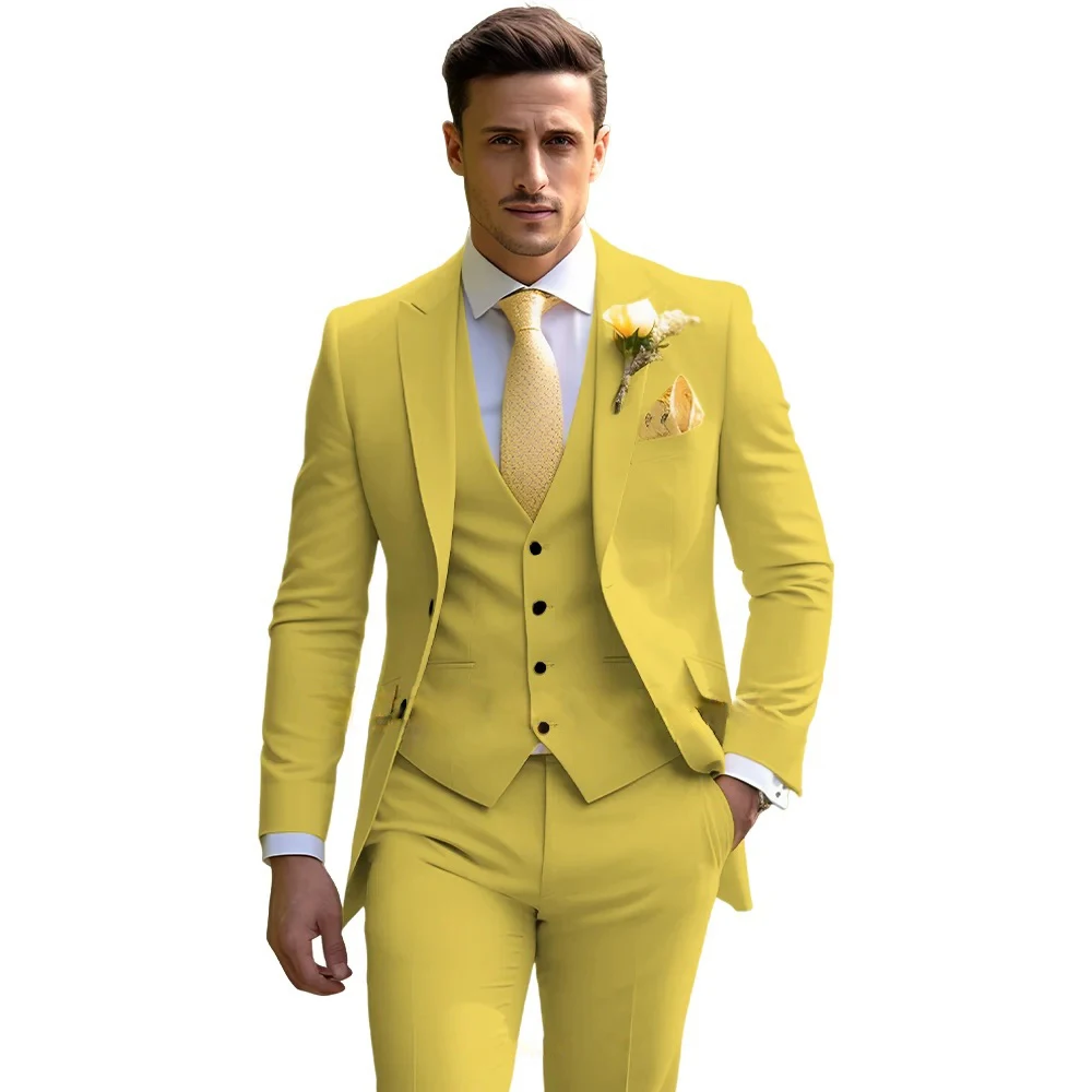 

Men's Yellow Peak Lapel Slim Fit 3-Piece Suit (Jacket+Vest+Pants) Business Conference Graduation Wedding Cocktail Party Tuxedo
