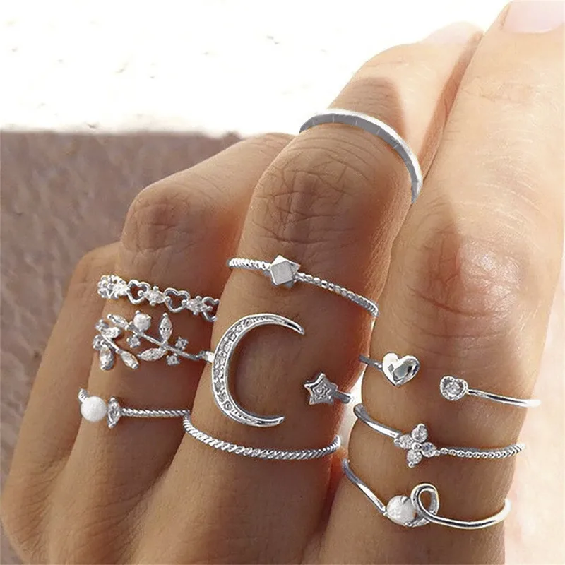 Women's Boho Gold Color Heart Rings Set