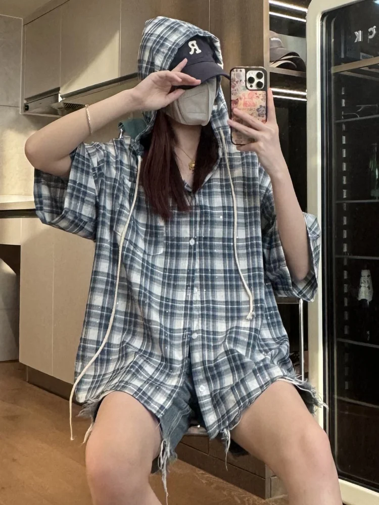 

Men's Plaid Shirt Loose Fit Lightweight Short Sleeve Design Casual Summer Fashionable Hooded Coat Couple's Clothing